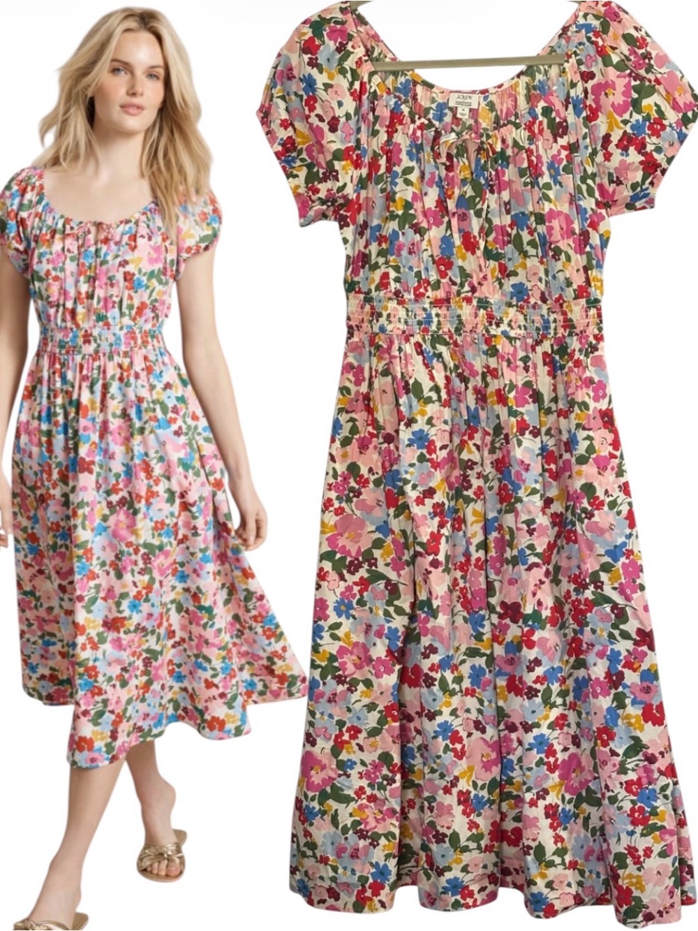 J. Crew Floral Smocked Short Puff Sleeve Midi Dress Sz M Cotton Cottagecore